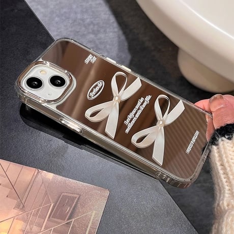 鏡 リボン柄 iphone15/14proケース  キラキラ  iphone13/12/11カバー  可愛い  便利 頑丈[M3823]