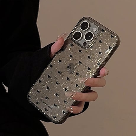 ブラックハート柄 iPhone16pro/16カバー キラキララメ iPhone15promax/14/13ケース 透明 シック おしゃれ [M5463]