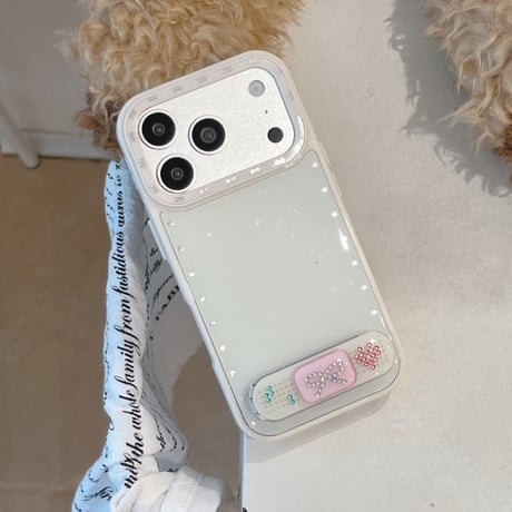 ダイヤリボンスタンド iPhone17Pro/17ケース ストーンライン iPhone16Pro/15/14ケース 淡色系 ガーリーファッション[M6338]