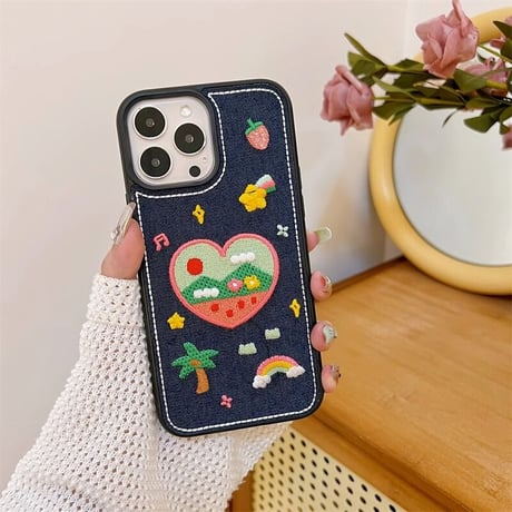 刺繡入りデニム iPhone14/15proケース  花柄ハート/星 iPhone13/12proカバー 女子力アップ[M3501]