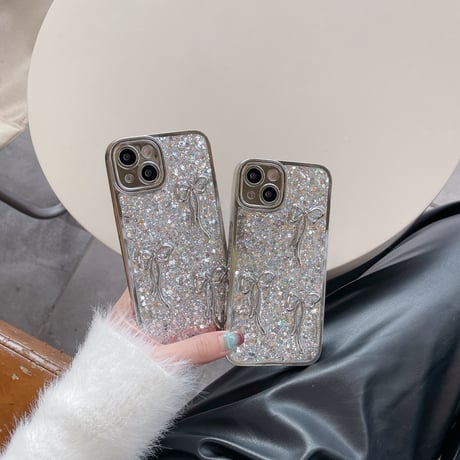 リボン iPhone15/15proケース キラキラグリッター入り iPhone14/13pro/12ケース 女子力アップ シルバー[M3891]