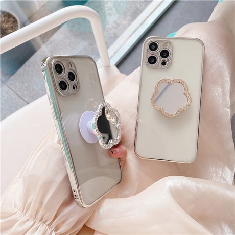 ミラーポップソケット付 iphone12/11ケース  スタンド 透明iphoneXS/SE2カバー  軽量持ちやすい ツヤ感ありファッションM418