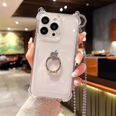 リング/ショルダーチェーン付 アイフォン15/15プロケース 四角耐衝撃 iPhone14pro/13/12カバー シンプル 多機能 [M4297]