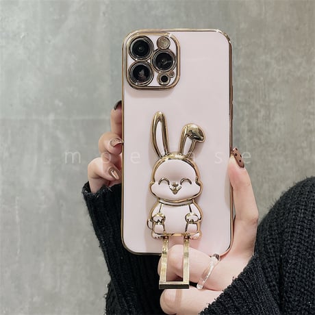 ウサギリングスタンド iphone14/15proケース  メッキ アイフォン13mini/12proカバー お洒落 多機能 便利ファッション[M2682]