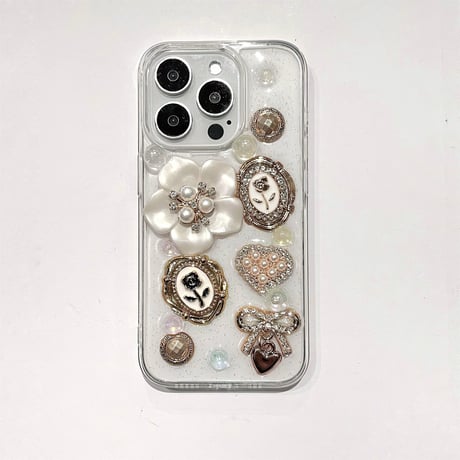 春夏 iPhone16pro/16 パール花 豪華 iPhone15pro/14/13カバー おしゃれ 可愛い ガーリーファッション [M5126]