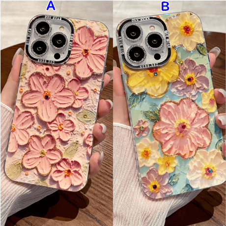 油絵花 iPhone15/15proケース キラキラ レンズフィルム付き iphone14/13/12proカバー きれい 女子力アップ[M3848]