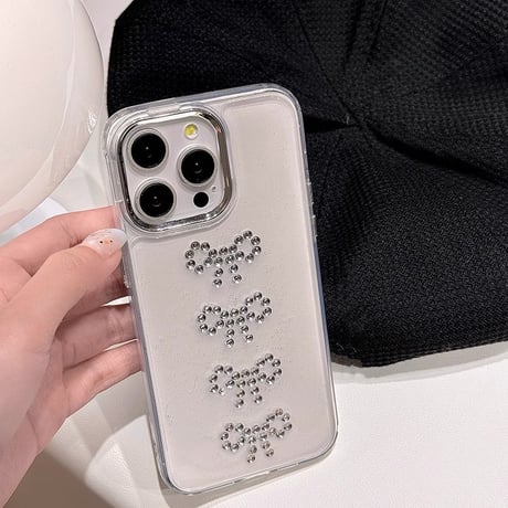 ストーンリボン iPhone15/15proケース チャーム付 iPhone14/13pro/12クリアケース かわいい 女子力アップ[M4447]