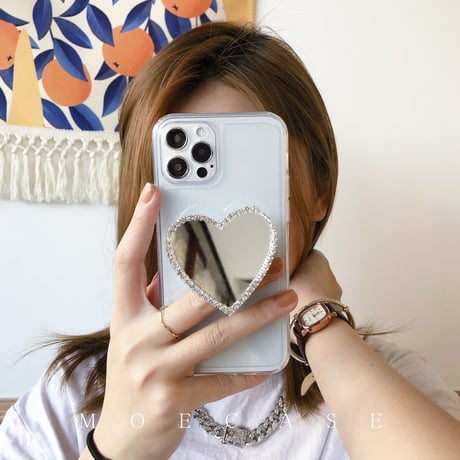 ハート型ミラースマホグリップ 高級感 ジュエリーデコ枠 スタンド 綺麗 落下防止 ギフトにおすすめ[M2738]