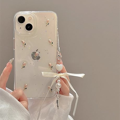 立体花 アイフォン15/15proケース 韓国風  バレエシューズストラップ付iphone14pro/13/12カバー キラキララメ 黄ばまない[M4109]
