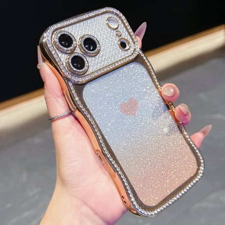 うねうねジュエリーライン iPhone17Pro/17ケース ハート柄 iPhone16/15ProMax/14ケース ラグジュアリー感 メタリックカラー レンズ保護[M6280]