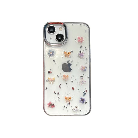 春夏向け アイフォン16pro/15ケース 花/蝶デコ iPhone14/13pro/12カバー 透明 大人可愛い 丈夫[M5154]