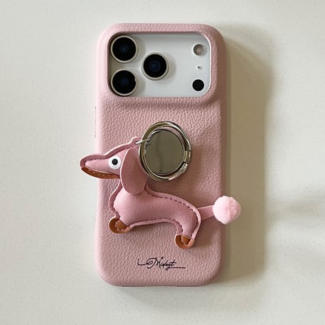 犬ちゃんリング付 iPhone17Pro/17ケース 高級感 レザー製 iPhone17promax/16pro/15カバー 上品 便利 可愛い スタンド [M5932]