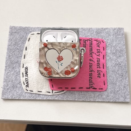 Airpods 4ケース ハート鏡 薔薇柄 Airpods3/Pro2ケース airpodspro2カバー シルバー 女子力高い リング付[M5211]