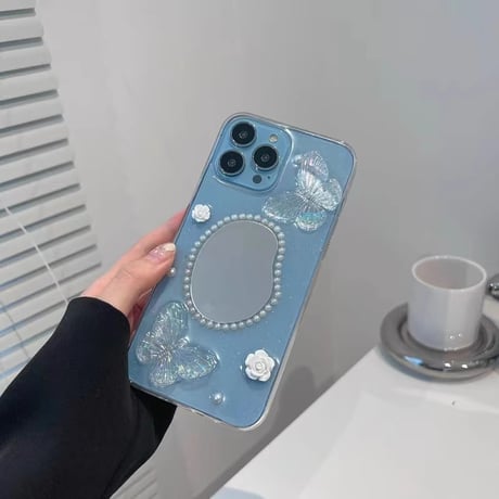 パール鏡付 iPhone15/15proケース  蝶/花 iPhone14pro/13mini/12proカバー 透明 綺麗 女子力アップ[M3990]