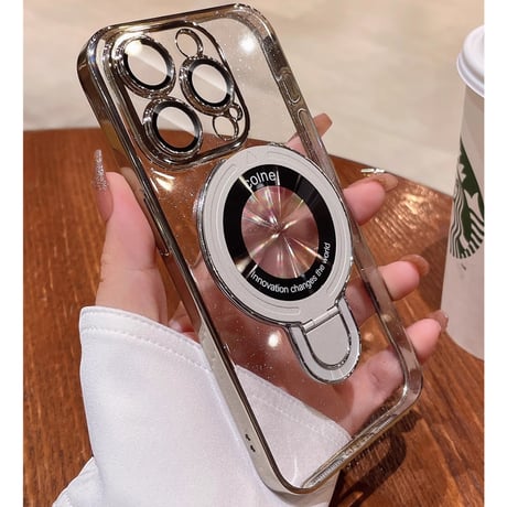 Magsafeスタンド キラキラiPhone17/16Proケース おしゃれ透明 アイフォン15Pro/14pro/13/12カバー 黄ばまないメッキ レンズカバー 丈夫[M4695]