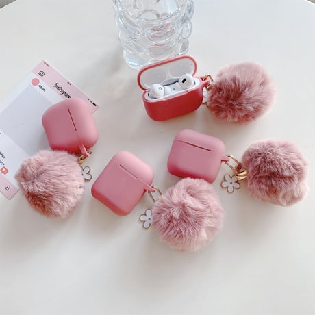 毛玉付 Airpods 4ケース ピンク 高品質シリコン Airpodspro2/proカバー Airpods3/2 充電口カバー付 可愛い[M4958]