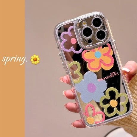 花柄 鏡 iPhone15/15proケース レンズフイルム付 iPhone14/13pro/12ケース 女子力アップ 便利 頑丈[M4157]