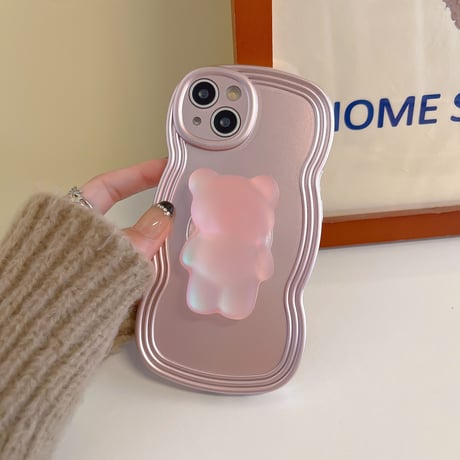 熊さんグリップ iphone14/14proケース  ローズゴールド色 iphone13/12/11カバー 波紋枠 落下防止 滑りにくい[M2566]