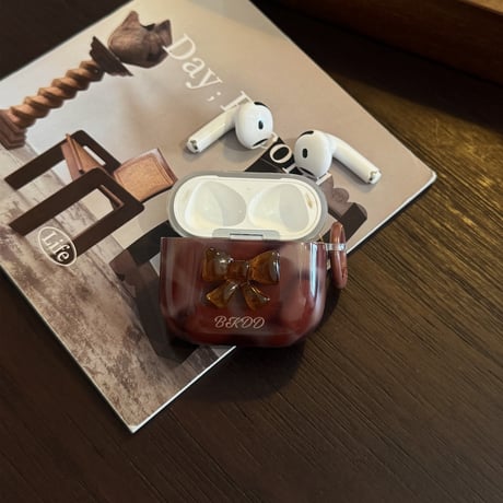 琥珀調 Airpods4ケース リボンデコ エアポッズ3/Pro2ケース airpodspro2カバー リング付 シック ギフトにおすすめ[M5520]