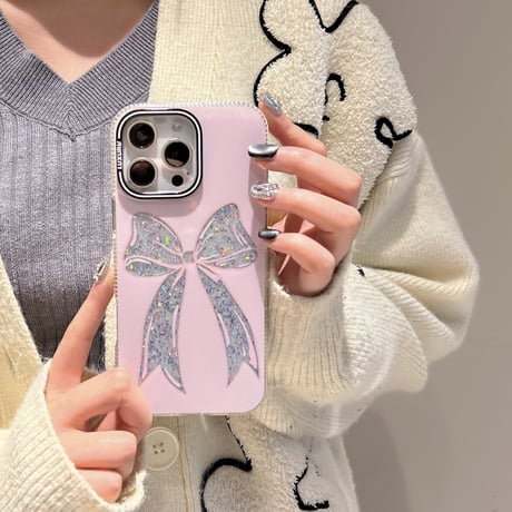 ラメリボン iPhone16pro/16ケース キラキラ ピンク iPhone15pro/14/13promaxケース おしゃれ 女子力UP [M5057]