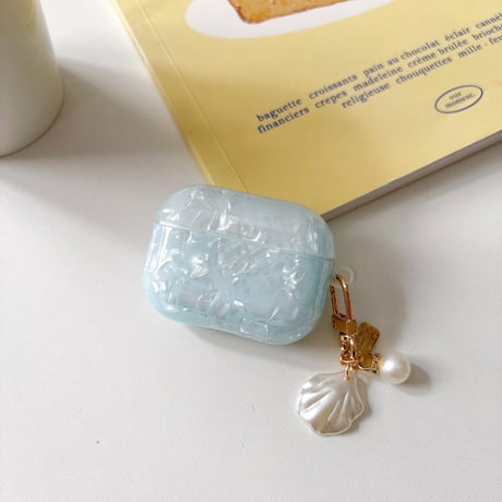 シェル柄 Airpods第四世代ケース 水色 貝殻キーホルダー Airpodspro2/proカバー Airpods第3/2世代 かわいい 女子力高い[M5086]