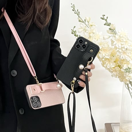 真珠ベルトとストラップ付 アイフォン14pro/14plusカバー  カメラカバー iphoneSE3/13/12/11proカバー 高品質 実用[M2442]
