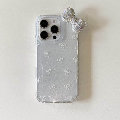 リボン iPhone16/16Proケース ダイヤリボン ラメ入り iPhone15Pro/14/13Proカバー キラキラ めっちゃ可愛い 高級感 [M4690]