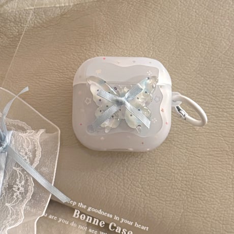 蝶デコ Airpods Pro3ケース ホワイト Airpods 4/3カバーケース AirpodsPro2/1  キラキラ感 リング付き [M6196]