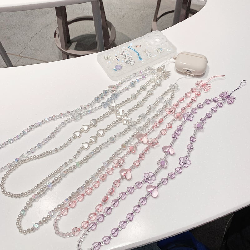 ストラップ 首かけ ローグストラップ キラキラ 手つくり 真珠