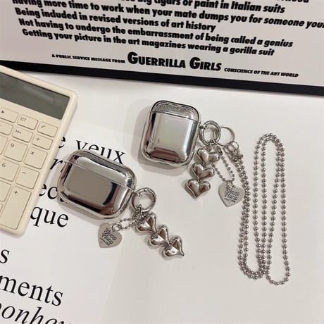 ハートチャーム Airpods 4ケース ショルダーチェーン  Airpodspro2/proカバー Airpods3/2 つや感シルバー オシャレ[M4754]