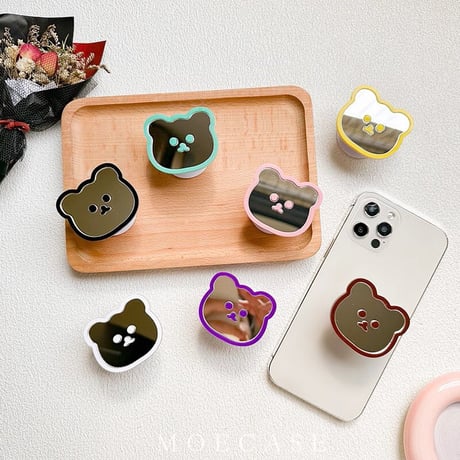 熊ちゃんミラースマホグリップ かわいい キラキラ グリップトーク  伸び縮み式 落下防止 卓上スタンド機能 ギフトにおすすめ[M3270]