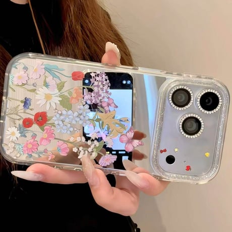 草花柄ミラー iPhone17Pro/17ケース きれい iPhone17Promax/16Pro/15ケース かわいい 光沢感 丈夫[M6192]