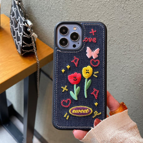 デニム 草花柄 アイフォン14plus/14proケース  刺繡  iphone13/12/11カバー  高品質  高級感 ガールズに人気 [M2248]