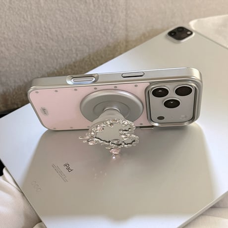 ハート型ミラーグリップ iPhone17Pro/17ケース  ワイヤレス充電 ピンク iPhone17ProMax/16Pro/15カバー かわいい 女子力アップ [M6355]