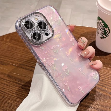ピンク iPhone15/15proケース シェル風 チューリップ キラキラレンズフィルム付 iPhone14/13/12 [M3512]
