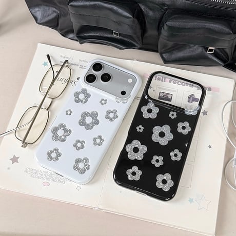 シェル風花柄 iPhone17Pro/17ケース パールストラップ iPhone16Pro/15/14ケース 上品 甘めコーデ 光沢感[M6435]