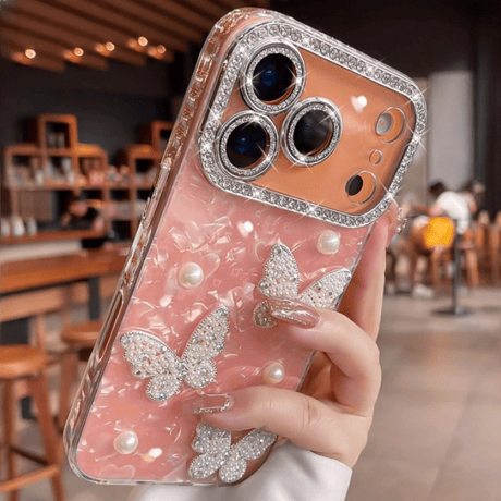 パール蝶 iPhone17Pro/17ケース シェル調 キラキラハート柄 iPhone17promax/Air/16ケース レンズフイルム付き 大人可愛い [M5695]