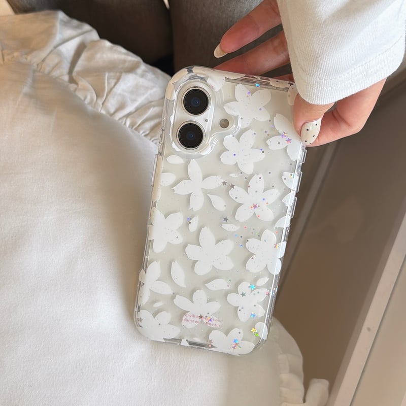 韓国っぽ iPhone17pro/17ケース 白花 レースリボンキーホルダー