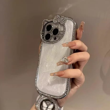 ジュエリーリボン iPhone16/16Proケース パール/ダイヤストラップ きれいめコーデ iPhone15pro/14/13/12Proカバー 女子力高い [M4907]