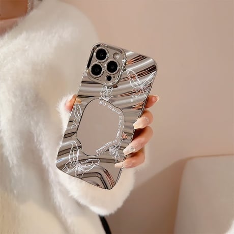 ミラー iPhone15/15Proケース シルバー 蝶柄 iPhoneSE2/14/13Pro/12ケース シック 波紋 ファッションセンスいい [M3805]