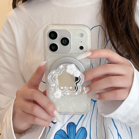 花型ミラーグリップ iPhone17Pro/17ケース MagSafe対応 シェル風 iPhone16Pro/15/14ケース 淡色系 ガーリーファッション[M6255]