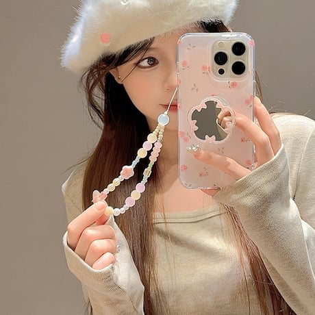 花鏡付 iPhone16/16proケース 薔薇柄 ストラップ付 アイフォン15pro/14/13proケース 大人可愛い 女子力UP 多機能[M5108]
