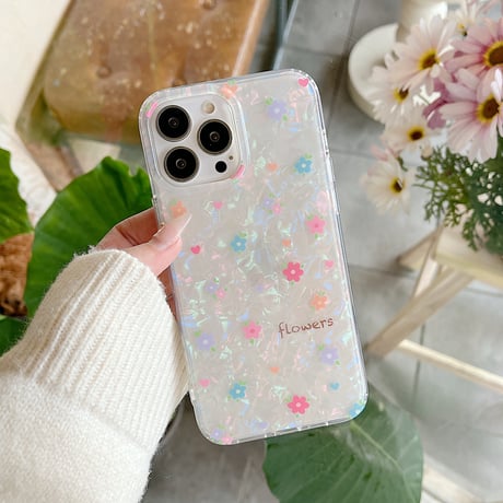 春におすすめ iPhone16pro/16ケース 花柄 シェル風 iphone15pro/14/13proカバー  花ストラップ 可愛い 淡色系[M5130]