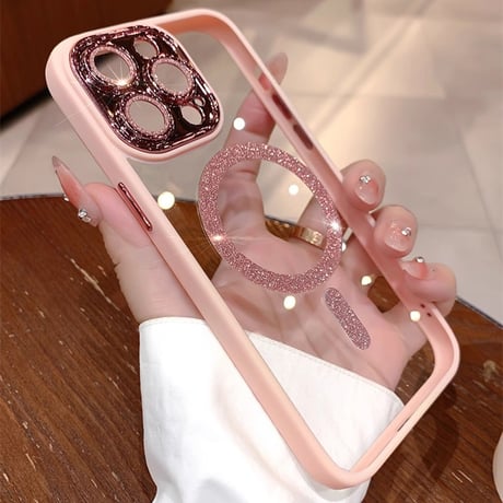 キラキラカメラカバー iPhone15/15proケース MagSafe お洒落iphone14/13/12proケース 女子力アップ 黄ばまないクリアケース[M3756]