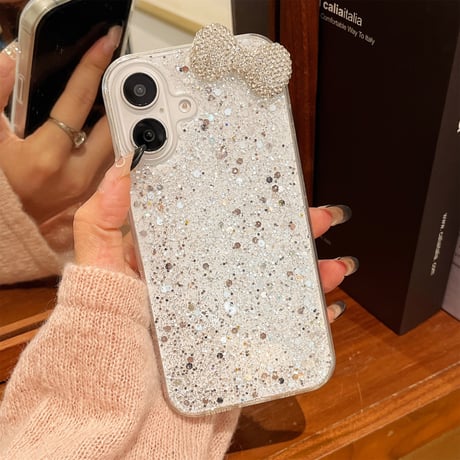 めっちゃ可愛い iPhone16/16Plusケース ダイヤリボン グリッター iPhone15pro/14/SEカバー 綺麗 キラキラ [M4860]