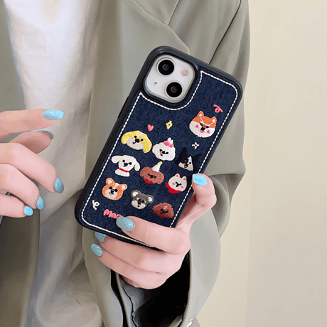 刺繡犬ちゃん iPhone15/14proケース デニム素材 iPhone13pro/12proカバー 可愛すぎる  [M3498]