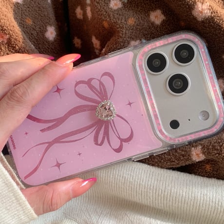 ピンクハートダイヤ iPhone17Pro/17ケース リボン柄 iPhone17Promax/16Pro/15ケース キラキラ かわいい[M6141]