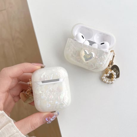 【Airpods4】キラキラハート AirpodsPro2ケース 貝殻紋 airpods3/2/1ケース  オシャレハートアクセサリー付 ソフト ギフトに最適 [M2595]
