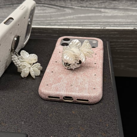 貝殻花とパールミラーリング iPhone17Pro/17ケース ダイヤデコ iPhone16Promax/15pro/14ケース 上品 便利高級感 [M6457]