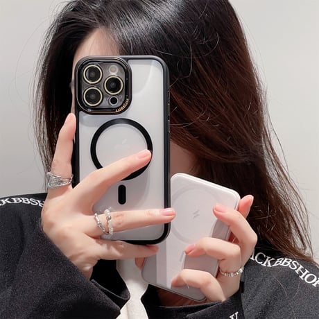 黄ばまないMagSafe iPhone15pro/15promaxケース ガラスレンズフィルム付 iPhone14Pro/13proケース  シンプル高級感 金属ボタン [M3824]